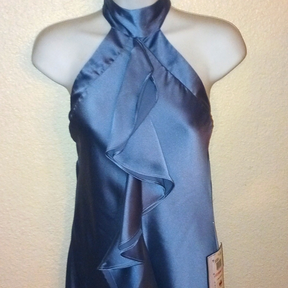 B.Darlin Slate Blue Silk Halter Hi-low dress
